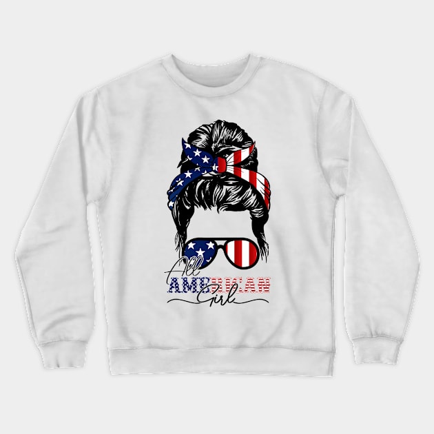 All American Girl 4th Of July Shirt Women Messy Bun USA Flag Crewneck Sweatshirt by Medaze